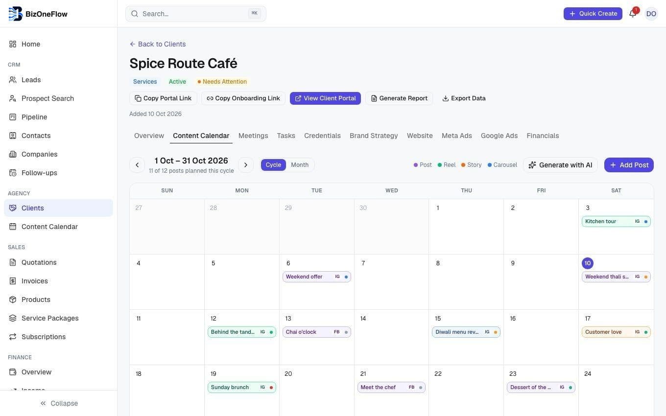 A client's monthly content calendar with posts and statuses