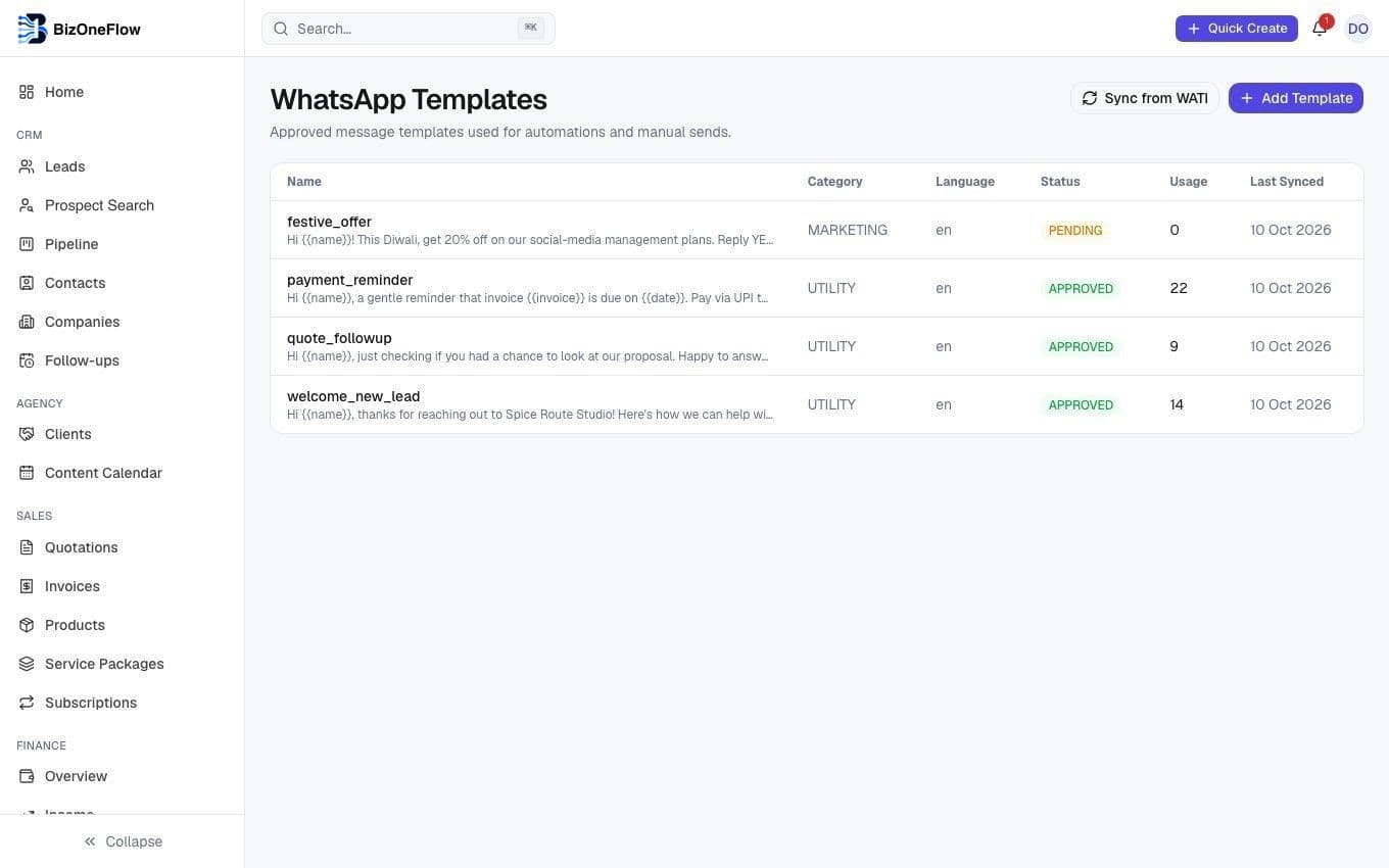 WhatsApp templates synced from WATI, ready to send from any lead